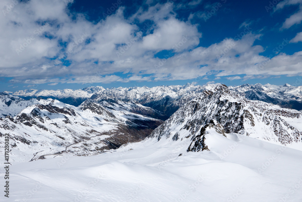 Winter landscape of Alpine mountain range. Solden, Austria Winter landscape of Alpine mountain range. Solden, Austria