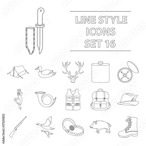 Hunting set icons in outline style. Big collection of hunting vector illustration symbol.