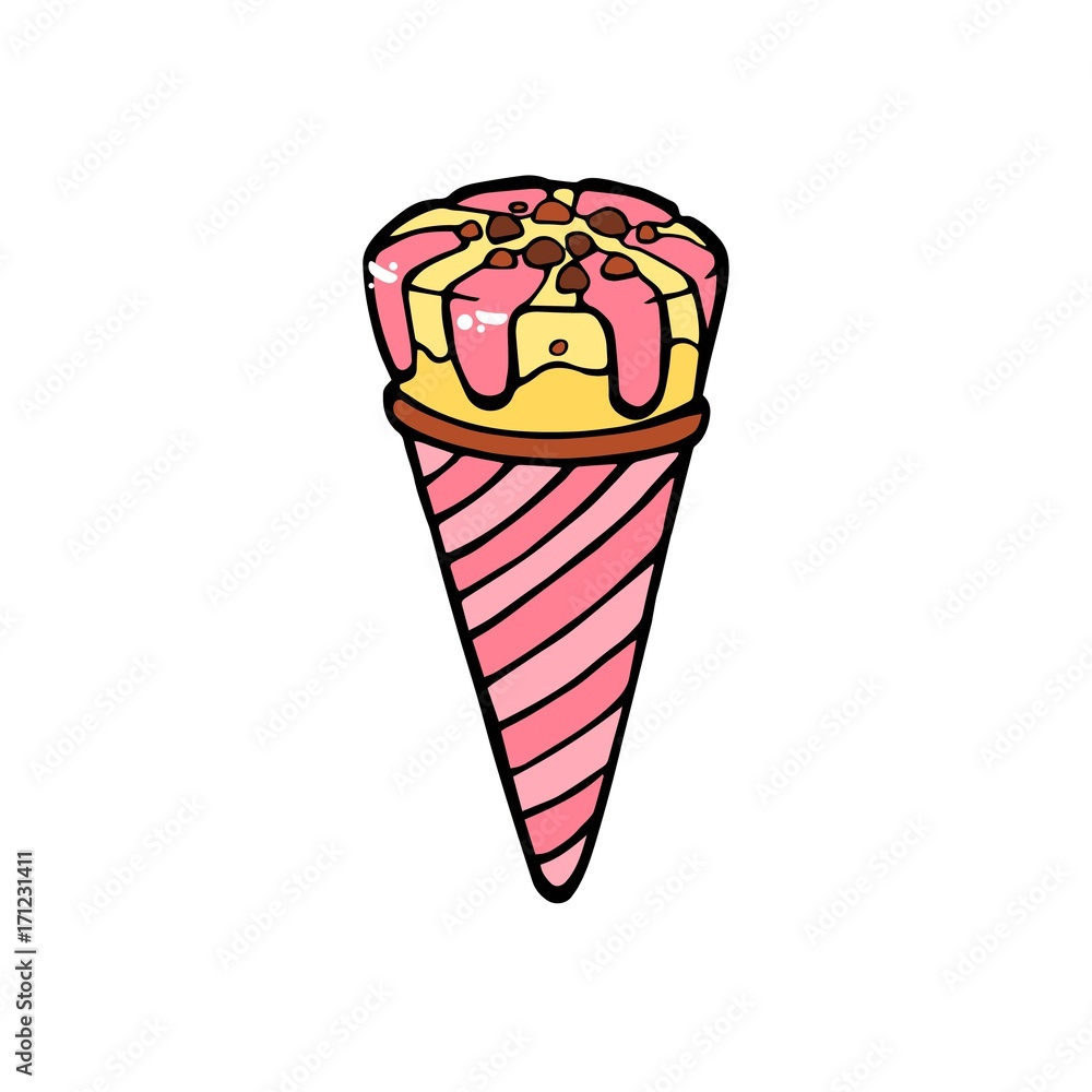 Ice cream dessert with caramel or chocolate. ice cream with nuts,sweet vanilla whipped cream and fruit ice. Vector illustration, lines on a white background. Ice cream dessert with caramel or chocolate. ice cream with nuts,sweet vanilla whipped cream and fruit ice. Vector illustration, lines on a white background.