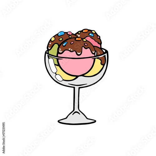 Ice cream dessert with caramel or chocolate. ice cream with nuts,sweet vanilla whipped cream and fruit ice. Vector illustration, lines on a white background.