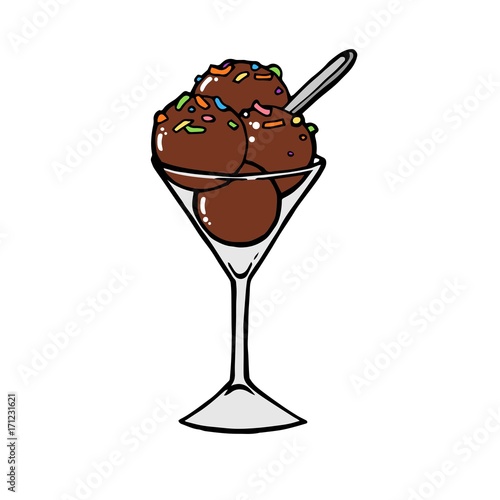 Ice cream dessert with caramel or chocolate. ice cream with nuts,sweet vanilla whipped cream and fruit ice. Vector illustration, lines on a white background. photo