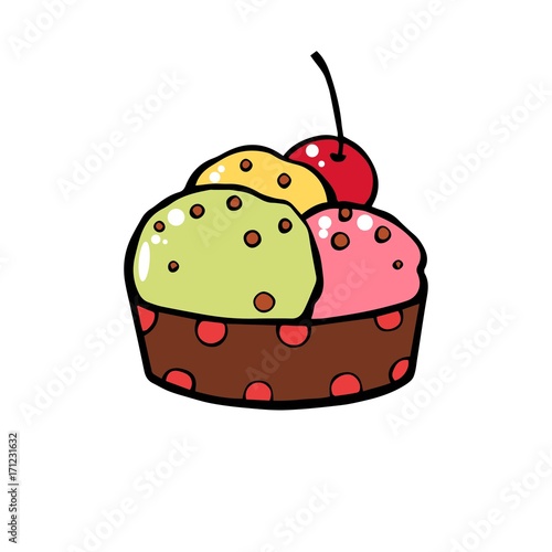 Ice cream dessert with caramel or chocolate. ice cream with nuts,sweet vanilla whipped cream and fruit ice. Vector illustration, lines on a white background. photo