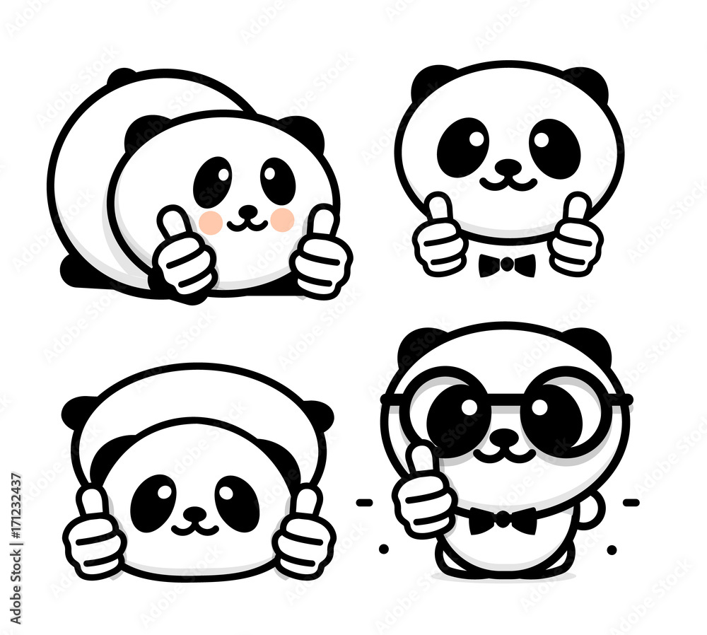 OK logo. Funny little cute panda showing gesture with hand, abstract symbol of approval and adoption. Vector thumbs up logo with the image of a Chinese black and white bear showing its consent OK logo. Funny little cute panda showing gesture with hand, abstract symbol of approval and adoption. Vector thumbs up logo with the image of a Chinese black and white bear showing its consent