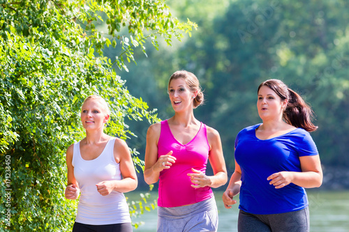 Group of women running at lakeside jogging in park