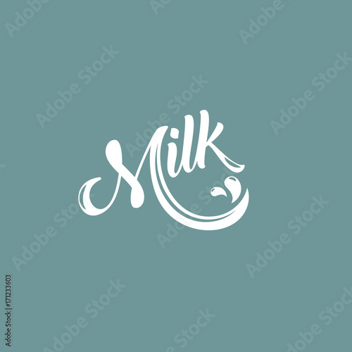 Letter M with tail and drops. Beauty lettering. Milk product vector logo.