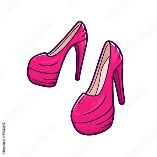 Female pink shoes with high heels isolated on white background. Vector icon in flat cartoon style or logo design