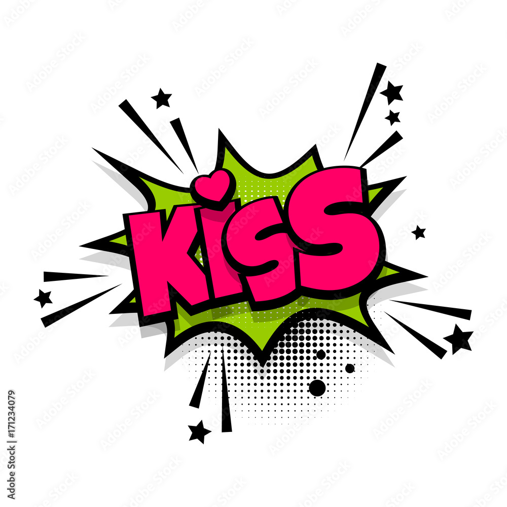 Kiss, love, heart, romantic lettering. Comics book balloon. Bubble icon speech phrase. Cartoon font label tag expression. Comic text sound effects. Sounds vector illustration. Kiss, love, heart, romantic lettering. Comics book balloon. Bubble icon speech phrase. Cartoon font label tag expression. Comic text sound effects. Sounds vector illustration.