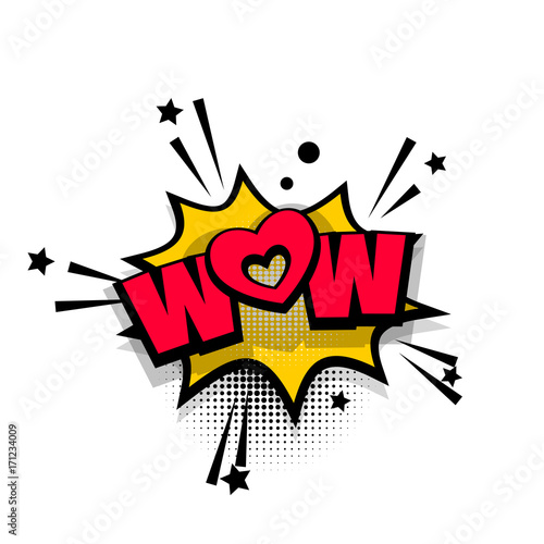 Wow, love, heart, super lettering. Comics book balloon. Bubble icon speech phrase. Cartoon font label tag expression. Comic text sound effects. Sounds vector illustration.