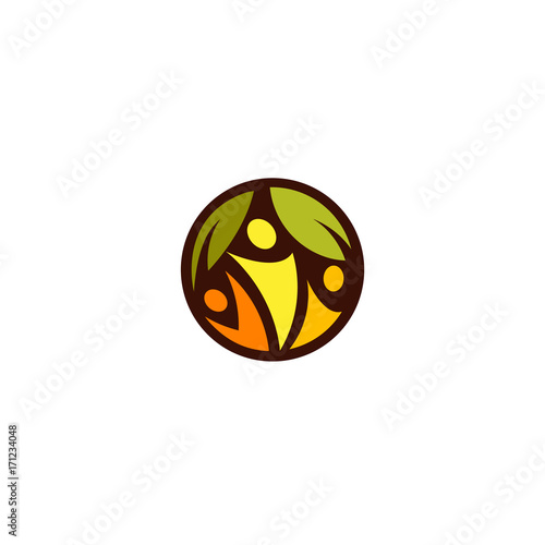 Green leaves with abstract silhouette of yellow, orange and red color peoples in the dark circle. Health promotion sign. Family tree icon. Healthcare lifestyle logo. Proper nutrition label