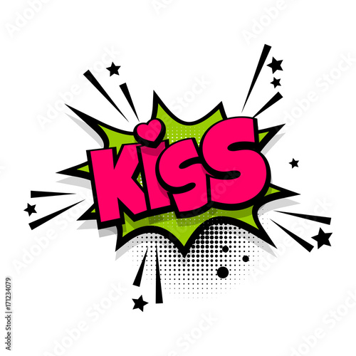 Kiss, love, heart, romantic lettering. Comics book balloon. Bubble icon speech phrase. Cartoon font label tag expression. Comic text sound effects. Sounds vector illustration.