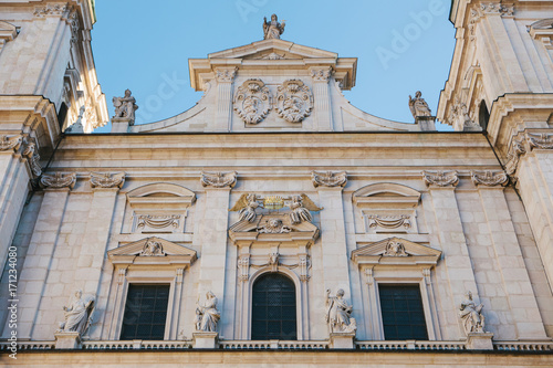 The Salzburg Cathedral, one of the most notable and picturesque sights of the city. The majestic facade of the building is made in the architectural style of the early Baroque. Austria, Europe.