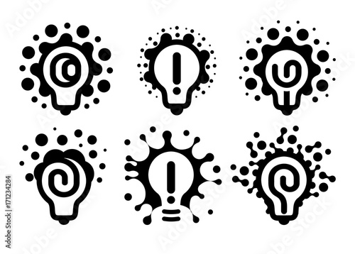Monochrome stylized lightbulbs logotypes set, new idea and solution abstract symbol, flat bright cartoon incandescent light bulb collection. Isolated black simple vector icon on white background.