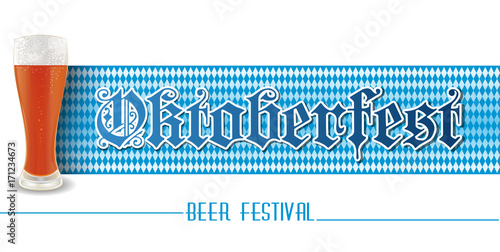 Horizontal banner for Oktoberfest. Glass of beer on the white and blue background. Beer festival design. Vector illustration