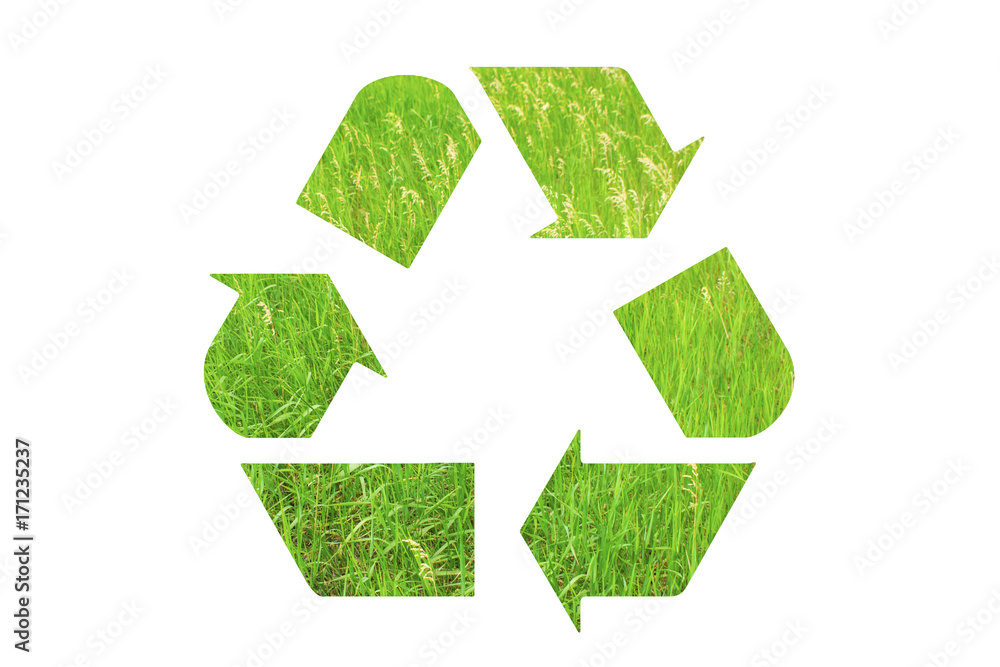 Recycle sign logo made of green grass isolated on white background. Eco ...