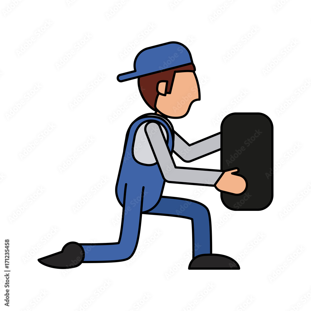 worker kneeling holding car tire workshop icon image vector illustration design worker kneeling holding car tire workshop icon image vector illustration design