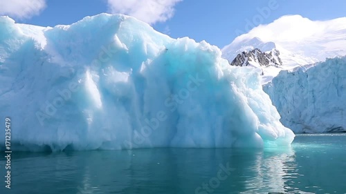 View of the glacier in the water against the shore. Andreev.