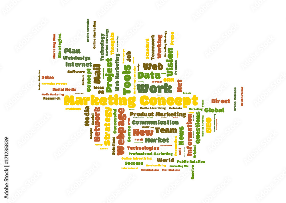 Marketing concept word cloud shaped as a hand