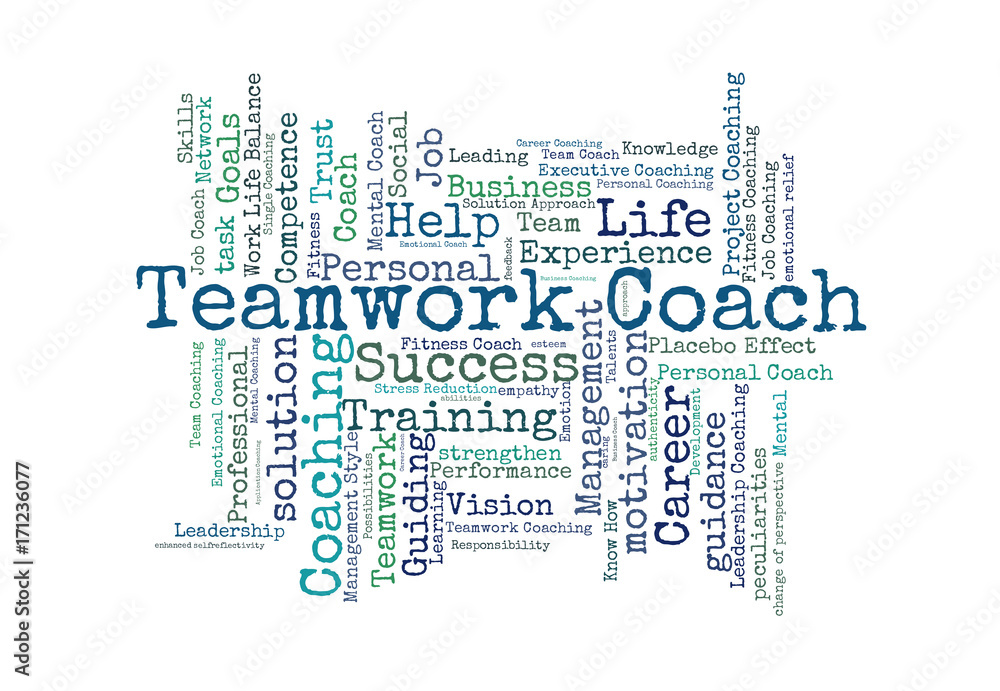 Teamwork coach word cloud o a white background Teamwork coach word cloud o a white background