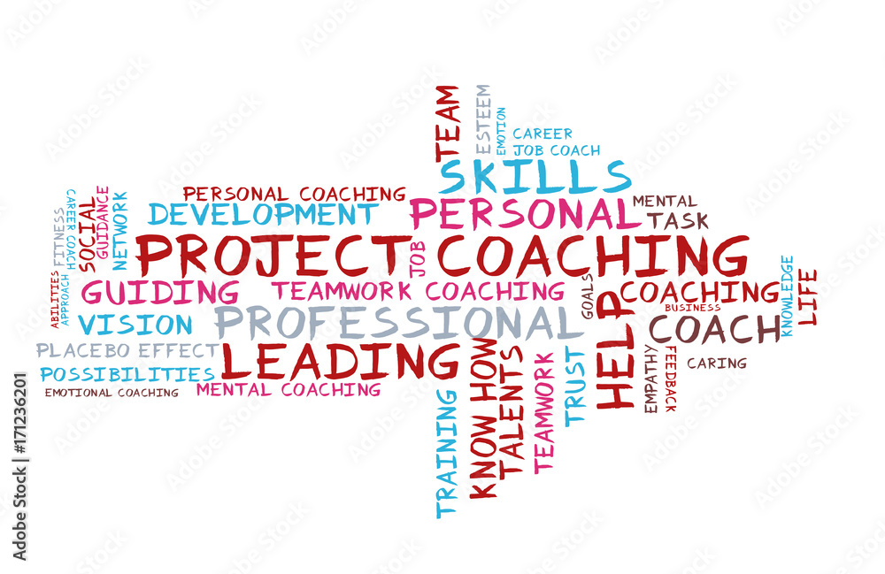 Fototapeta premium Project coaching word cloud shaped as a arrow