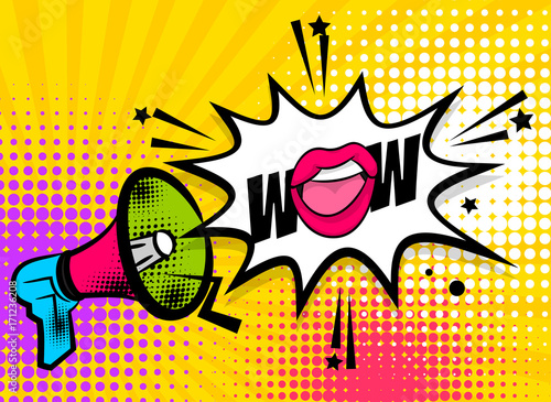 WOW pop art megaphone pink woman sexy lips, star. Comics book balloon. Bubble speech phrase. Cartoon girl lipstick font label tag expression. Comic text sound effects. Vector illustration.