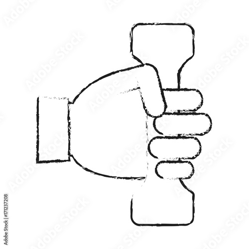hand holding dumbbell fitness related icon image vector illustration design sketch style