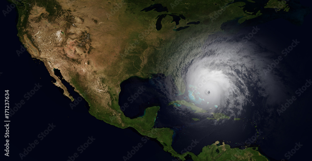 Extremely detailed and realistic high resolution illustration hurricane irma slamming into Florida. Shot from space. Elements of this image are furnished by Nasa.