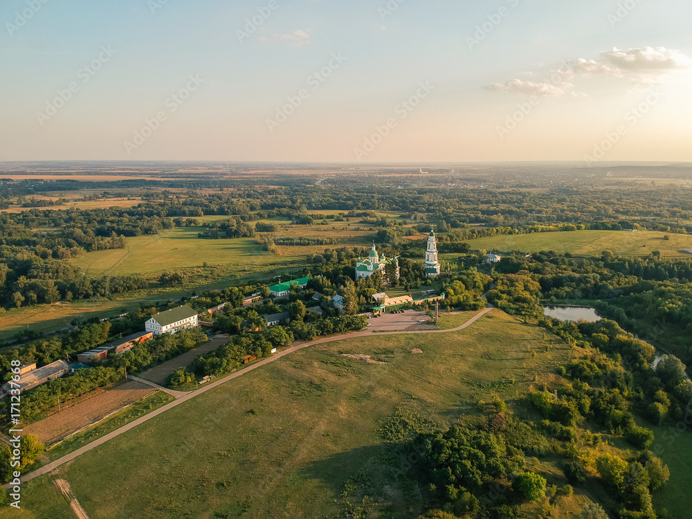 Aerial view on the Mgar orthodox male monastery. Famous place near Lubny of Poltava region. Ukraine.