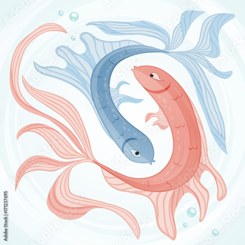 Two fishes dancing together vintage vector illustration.