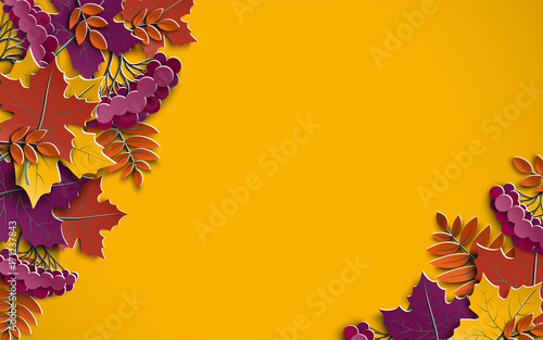 Autumn floral paper background with colorful tree leaves on yellow background, design elements for the fall season banner, poster, flyer or greeting card, paper cut out art style