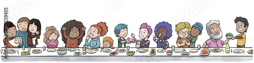 Group of Family and Friends Eating at a large Dining Table (White Background)