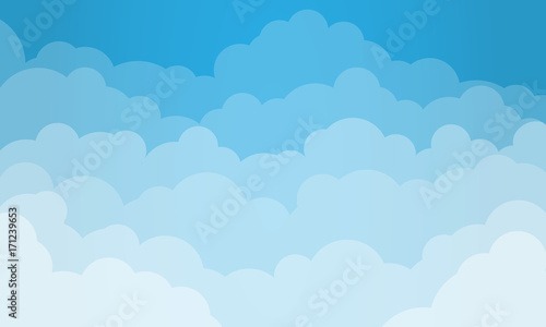 Sky and Clouds Background. Stylish design with a flat poster, flyers, postcards, web banners. Blue cartoon simple design style. Isolated Object. Wide size. Vector illustration.