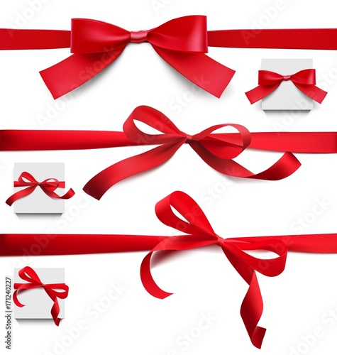 Set of red bows of different shapes with ribbons. Vector illustration on white background. Can be use for decoration gifts, greetings, holidays, etc.