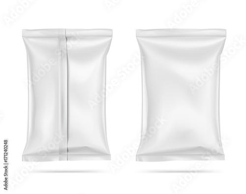 Set of sealed food snack pillow bags on white background. Realictic vector illustration. Can be use for template your design, promo, adv.