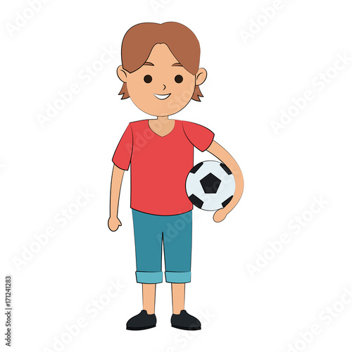 happy boy holding football ball icon image vector illustration design 