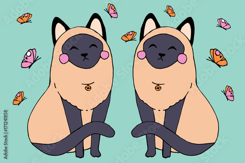 Siamese tween cats with butterflies - vector hand drawn illustration. Cute kawaii kitty sketch 