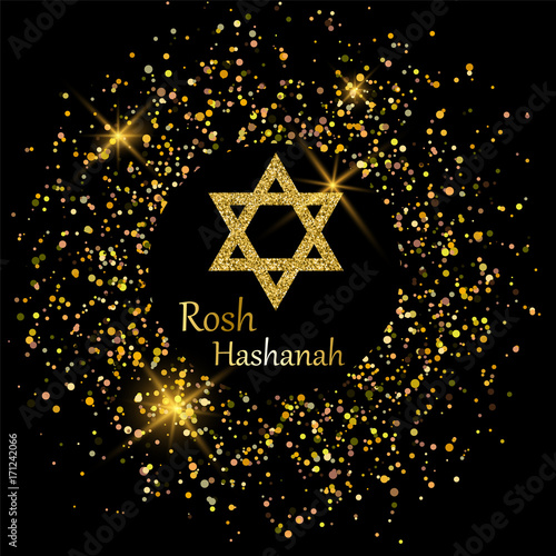 Rosh Hashanah greeting card with star of David made of golden sand and sparkling circle around.