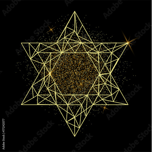 Rosh Hashanah greeting card with yellow polygonal Star of David and golden dots.