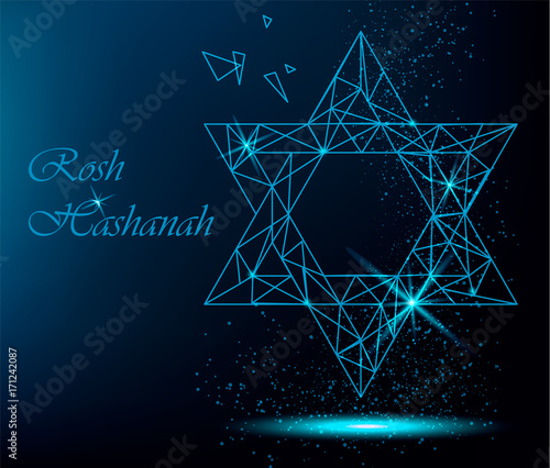 Rosh Hashanah greeting card with yellow polygonal Star of David and golden dots. Vector bright illustration for Jewish New Year