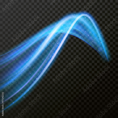 Light line neon swirl effect. Vector glitter light fire flare trace. Bokeh blue light glitter round wave line with sparkling particles. Magic sparkle swirl trail effect on transparent background