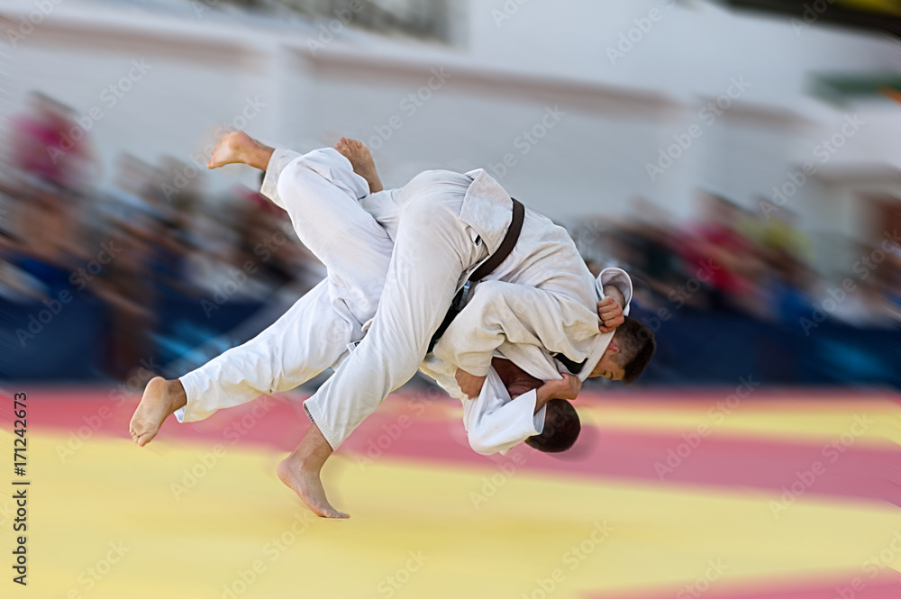 Unrecognizable judoka throwing his opponent with full force Unrecognizable judoka throwing his opponent with full force