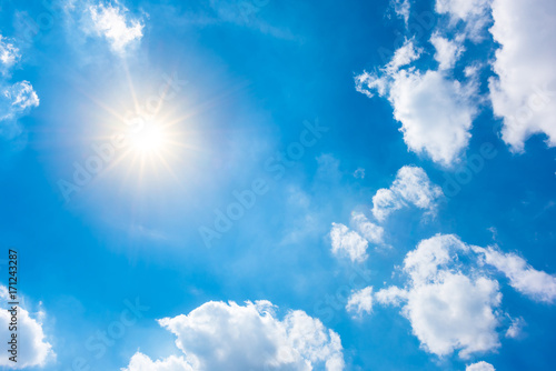 Sunny background, blue sky white clouds and bright sun
