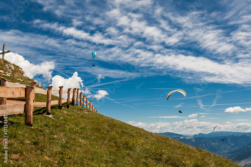 Paragliding in the sky over the dolomites