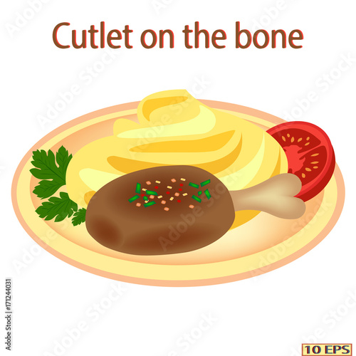 Meat cutlet and garnish. Grilled steak and mashed potatoes. Roasted meat with mashed potatoes. Vector illustration isolated on white background.