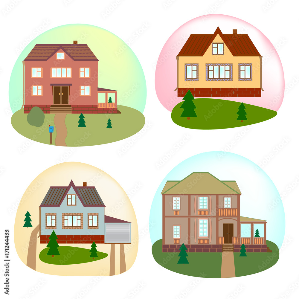 House, cottage. Beautiful home. Detailed colorful cottage houses. Set of beautiful cottage houses. Flat style modern buildings. Vector illustration