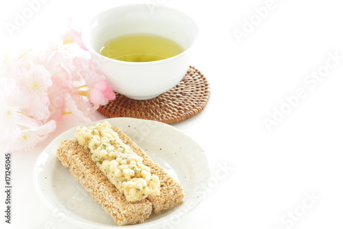 Japanese food, rice cracker Senbei and green tea