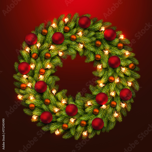Christmas greeting card and background. Christmas wreath with bulbs and balls . Vector Vector illustration.