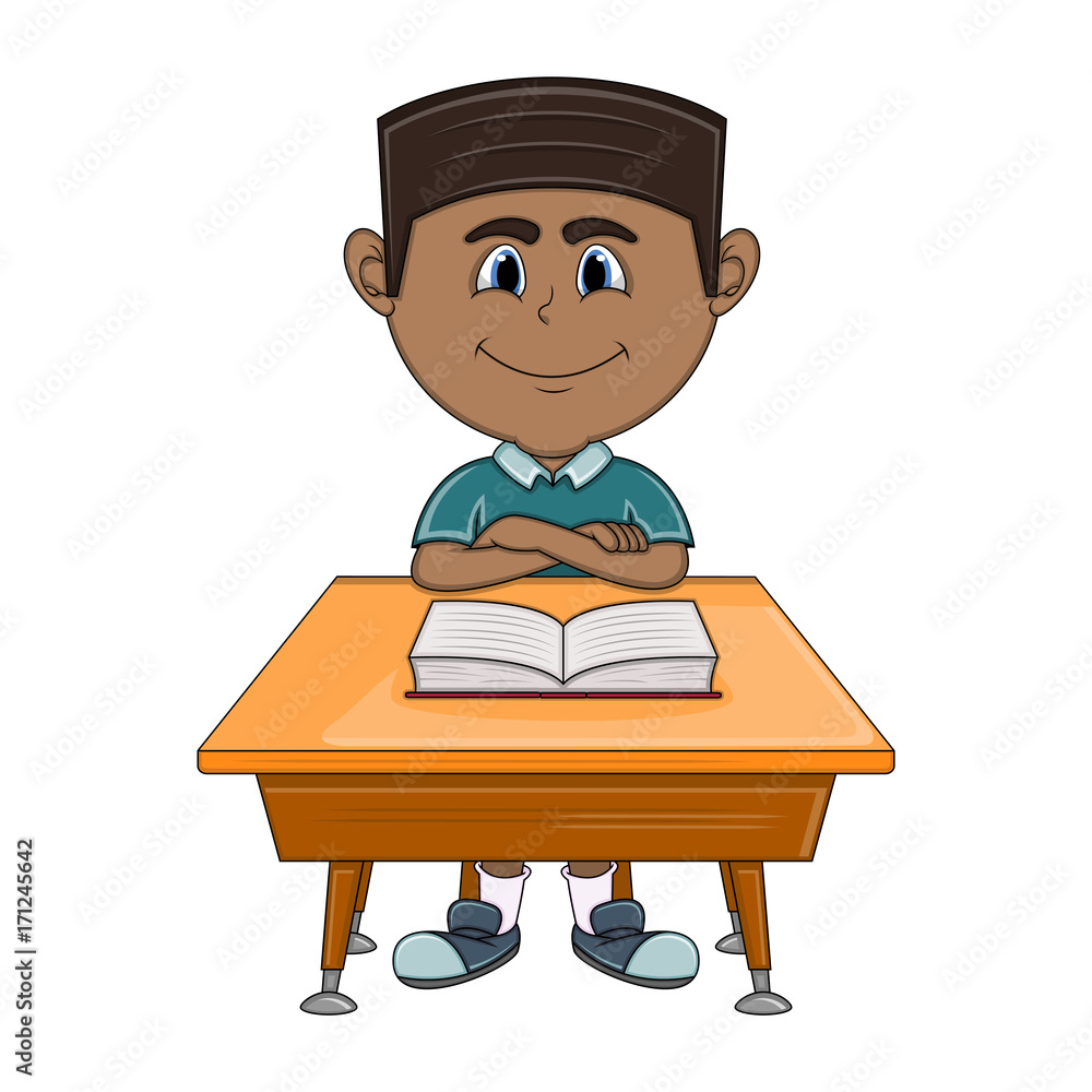 Boy studying with school table cartoon