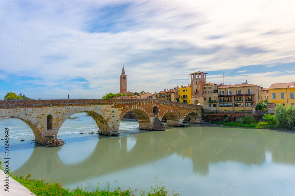 Bridge Ponte Pietra and Adige river, Verona