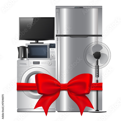 Group of household appliances with red gift ribbon and bow. Isolated on white background. Applicable for sale of electronics. Vector eps 10.