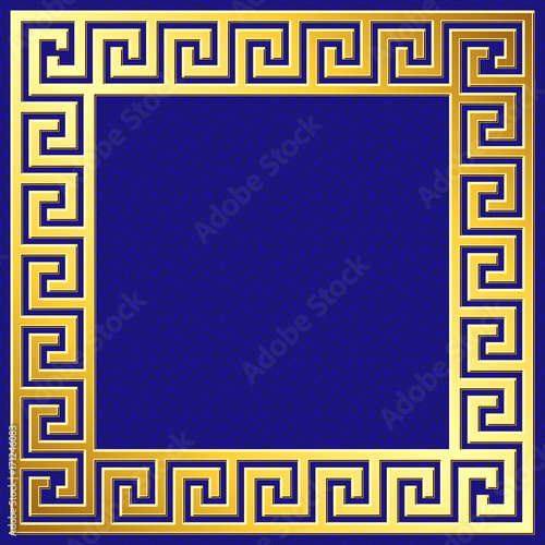 Golden square frame with traditional vintage Greek Meander pattern on blue background for design template.